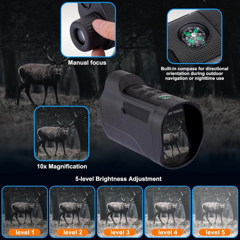 HOMEE Digital Night Vision Monocular for Adults,2.0" HD Screen Infrared Digital Night Vision Goggles with 10X Zoom Built-in Compass, 2000mAh Rechargeable Battery for Camping (with 64GB Card) - Image 3